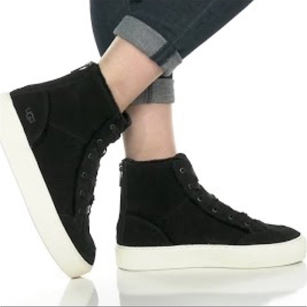NWOT UGG Nuray High-Top Sneaker Boots Black Suede UGGplush Spill Seams Size 8.5